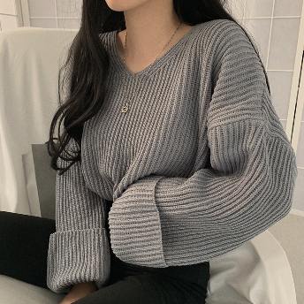 好感度UP 韓国風 ファッション  無地 Vネック スウィート ニットセーター