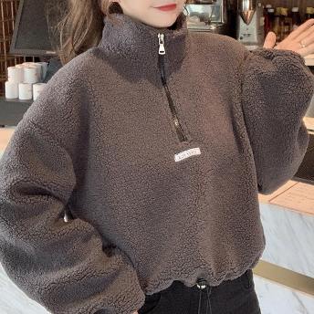 韓国通販 ファッション カジュアル ショート丈  スタンドネック 裏起毛 スウェット