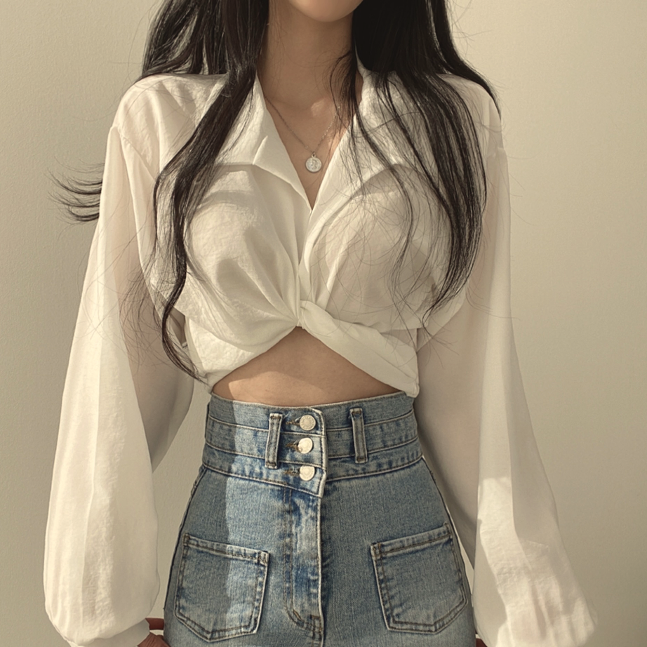 韓国の人気爆発 ファッション 個性 セクシー デザイン ハイウエスト POLOネック シャツ
