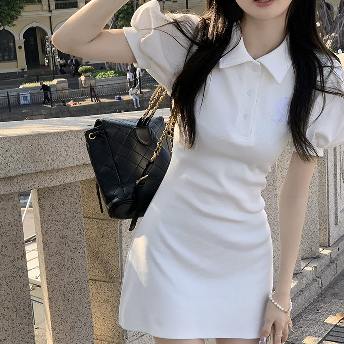 韓国ファッション 大人可愛い パフスリーブ poloネック 半袖 ｔシャツ デートワンピース