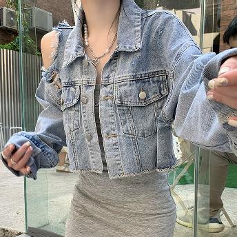 人気沸騰 ファッション 個性 デザイン ダメージ加工 デニム ジャケット
