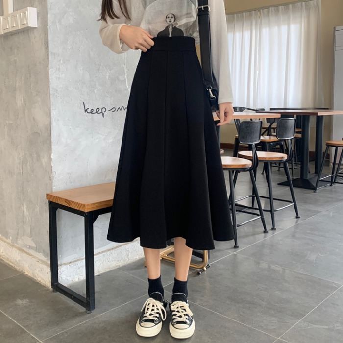 美人度アップ シンプル 韓国系 定番 学園風 Aライン ロング ギャザー スカート