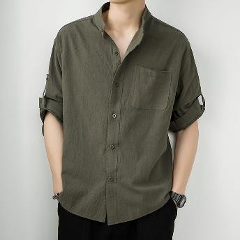 韓国の人気爆発 絶対欲しい リネン シンプル 無地 スタンドネック ゆったり メンズ 七分袖 シャツ