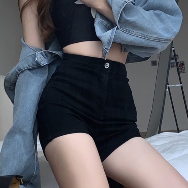 絶対流行 セクシー ネオギャル  韓国系 タイト ボタン 美ライン ブラック デニム ショートパンツ