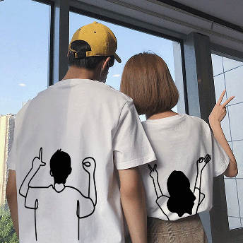 超人気 3タイプ 韓国系 カジュアル ゆるめ カートゥーン プリント ラウンドネック Tシャツ カップル服