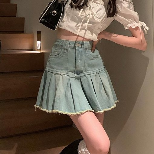 韓国の人気爆発 ファッション エイジング加工 ハイウエスト デニムスカート