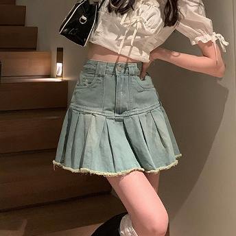韓国の人気爆発 ファッション エイジング加工 ハイウエスト デニムスカート