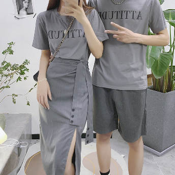 トレンドアイテム 最安 韓国系 ファッション アルファベット ボウタイ スリット 夏 カップル服