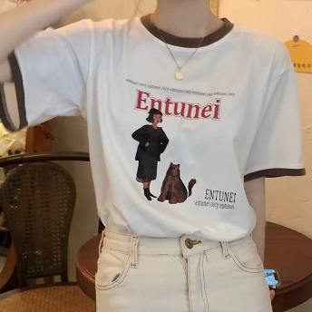 韓国系 ファッション   配色 アルファベット プルオーバー Tシャツ