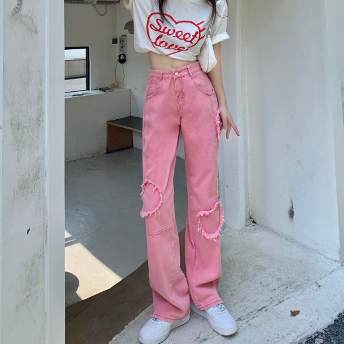 人気上昇中 韓国系 ファッション キャンパス スウィート エイジング加工 ピンク ジーンズ