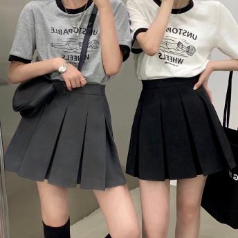 魅力的 ガーリッシュ 韓国系 学園風 Aライン 脚長効果 ショート丈 ブラック プリーツスカート