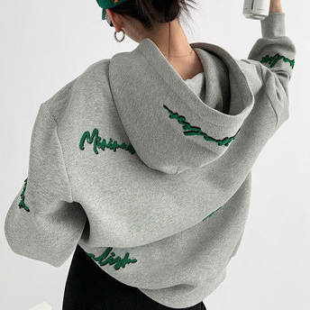 韓国風ファッション 刺繡 アルファベット プルオーバー 切り替え カジュアル フード付き  パーカー