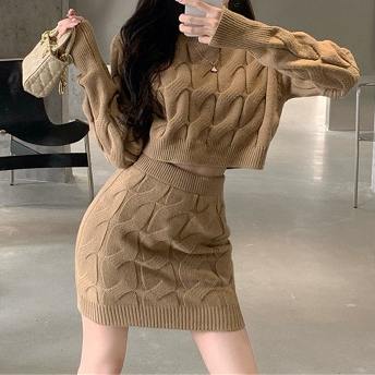 韓国で人気爆発 ファッション ミニ編みファー セーター ＋ 肌触りよく 柔らかい ニットスカート 上下セットアップ