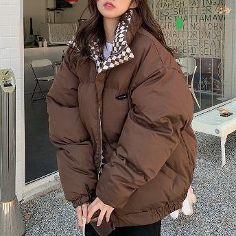韓国風ファッション 防寒 全4色 カジュアル 冬 ファスナー  チェック柄 ダウンコート