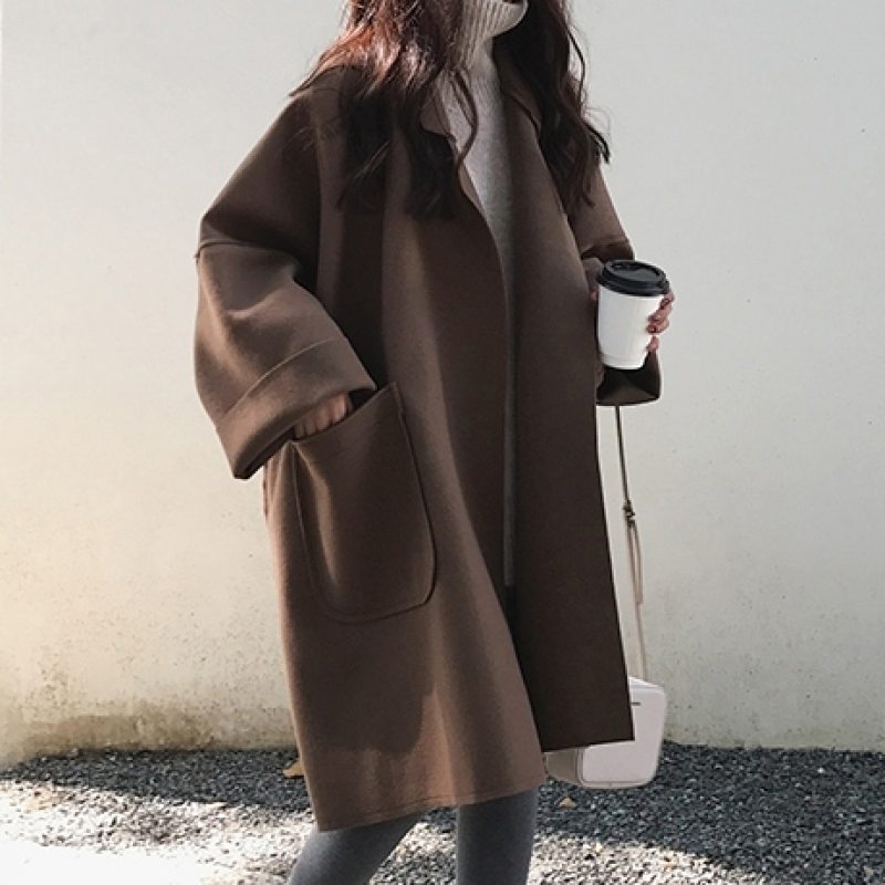 韓国風ファッション 2色 高級感 シンプル 無地 折り襟 秋冬 中長 コート