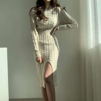 ins超人気 韓国風ファッション ハイウエスト スリット 女性らしい ニットワンピース