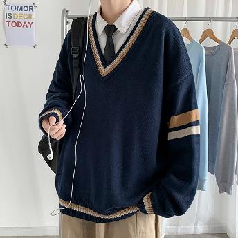 今季注目 高見えデザイン 秋コーデ 韓国系  配色 長袖  Vネック  カジュアル メンズファッション セーター