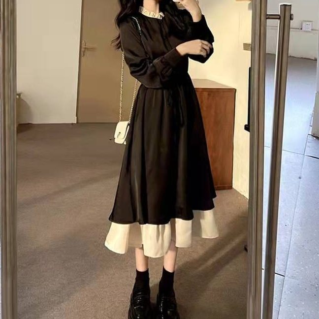 質感のいい スウィート フェミニン ファッション 配色 ブラック Aライン 着痩せ効果 デートワンピース
