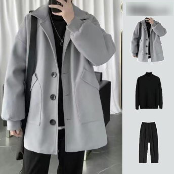 【単品注文可】韓国風ファッション おしゃれ度アップ コート + 無地 セーター + カジュアルパンツ M-2XL メンズセットアップ