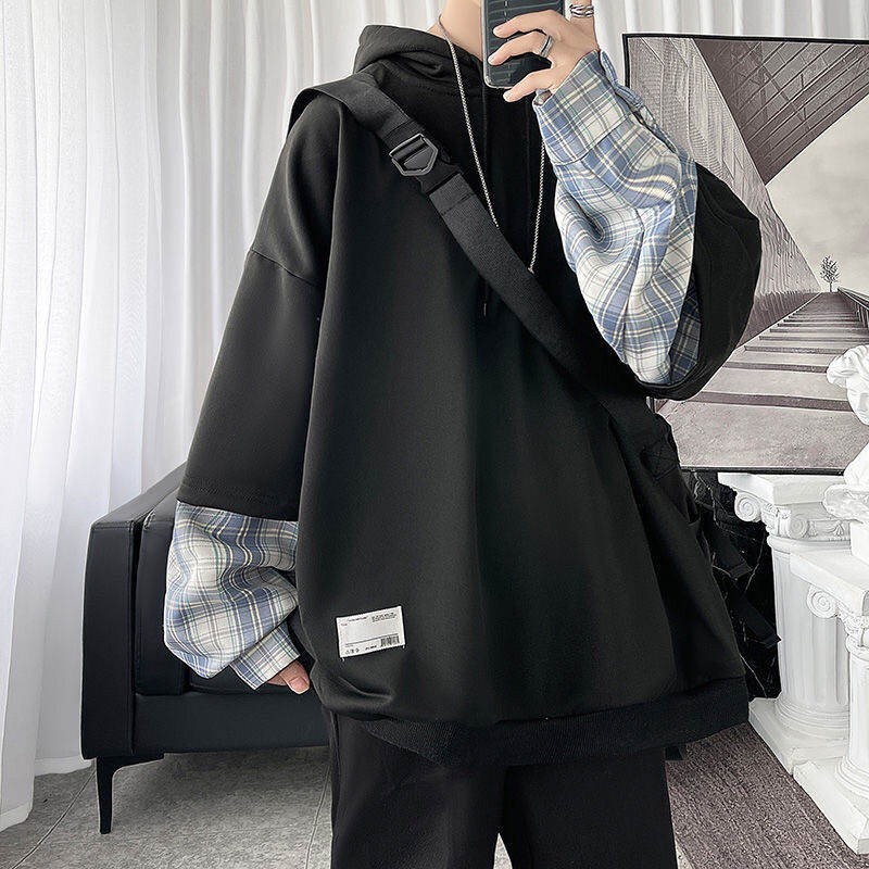 韓国風ファッション 特別デザイン 3色展開 チェック柄 配色 切り替え   レイヤード  パーカー