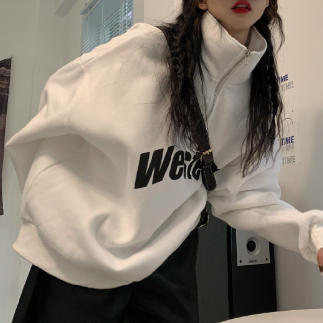 韓国風ファッション 2色 アルファベット 厚手 裏起毛  ファスナー POLOネック  スウェット