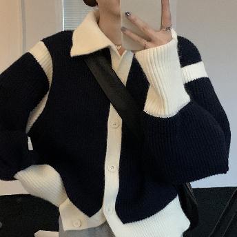 韓国風ファッション 全4色 配色 体型をカバー 耐久性 シングルブレスト 長袖 ニットセーター