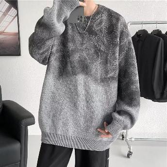 冬コーデ 個性デザイン  韓国系 プリント グラデーション色  カジュアル メンズ セーター