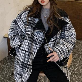 上品さたっぷり  カジュアル  厚手 韓国風ファッション 千鳥格子  ジッパー ダウンコート