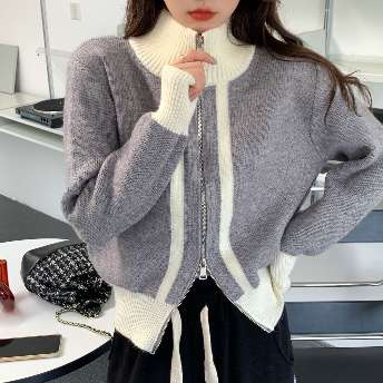 韓国風ファッション2色 デザイン性抜群 ハイネック 着瘦せ  ニットセーター カーディガン