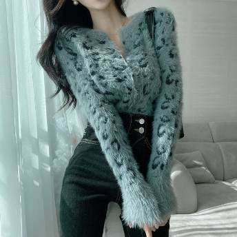 高級感 韓国風ファッション 絶対可愛い 防寒 ジッパー  ヒョウ柄 ニットセーター