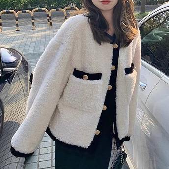 今季も大流行 2色 韓国系 配色 シングルブレスト 防寒 ラウンドネック ラムウール 綿入れコート
