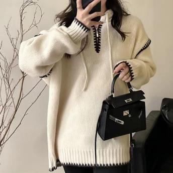 韓国で人気爆発 3色 高級感 着瘦せ 無地  フード付き ゆったり ニットセーター