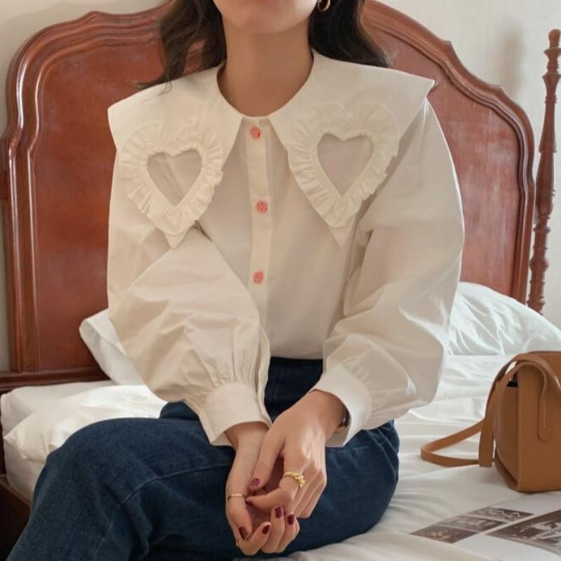 韓国風ファッション 無地 ピーターパン・カラー 着痩せ効果 長袖 シングルブレスト シャツ