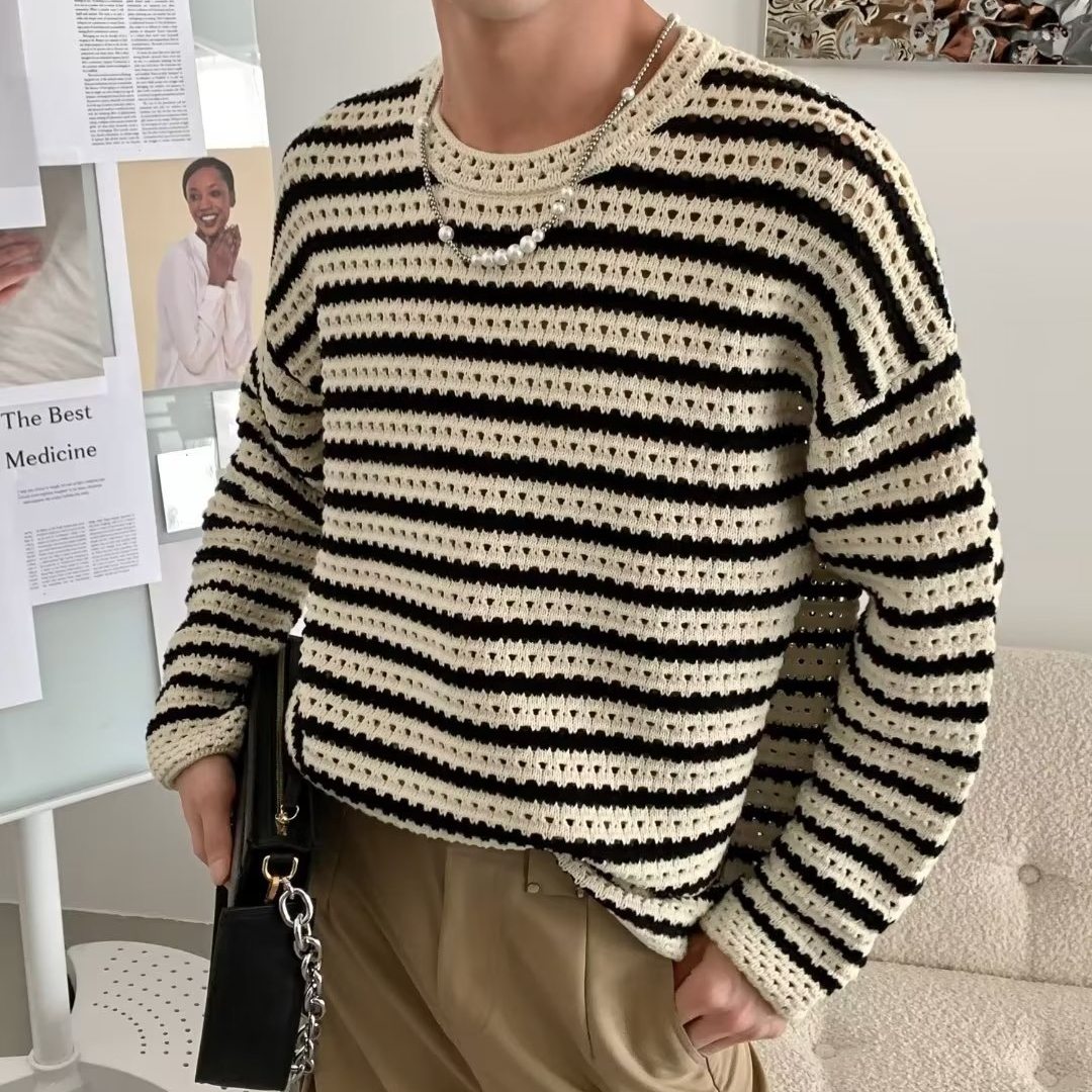 ファン急増中 トレンドアイテム 配色 ボーダー 韓国系 ファッション レトロ メンズセーター