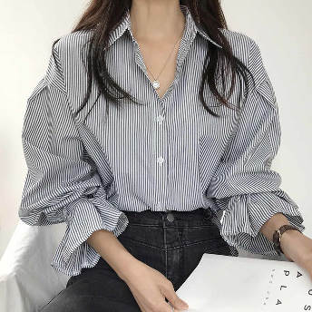 韓国風ファッション カジュアル ストライプ柄 シングルブレスト パフスリーブ アンプルライン シャツ