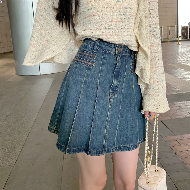 人気上昇中 可愛いデザイン 柔らかくて優しい印象 韓国系 学園風 ギャザー 金属飾り ファスナー デニム スカート