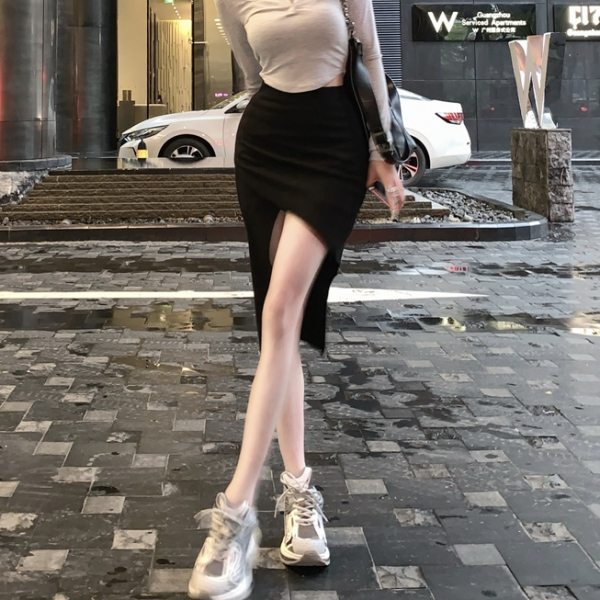 大注目 セクシー ファッション カジュアル フェミニン スリット ロング ブラック スカート