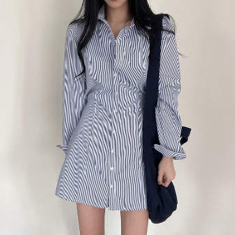 韓国風ファッション おしゃれ度高め ストライプ柄 シンプル カジュアル シャツワンピース