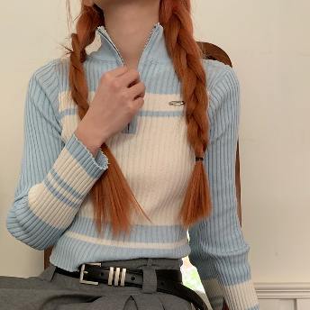 韓国風 長袖 ファッション プルオーバー ジッパー 着痩せ効果 配色 ニットセーター