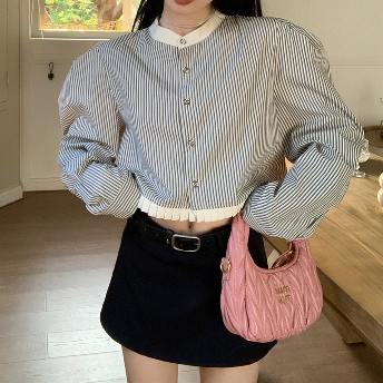 韓国風ファッション 春 ストライプ柄 配色 着痩せ効果 シングルブレスト スウィート シャツ