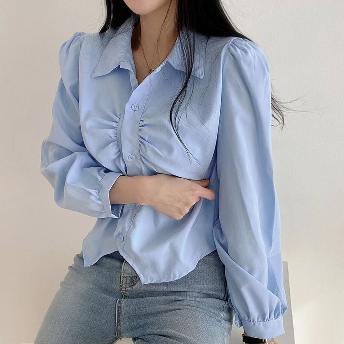 韓国風ファッション シンプル 無地 シングルブレスト ギャザー 細身シルエット ショート丈 シャツ