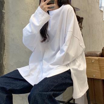 韓国風ファッション2色  シンプル 無地 長袖 スリット ラウンドネック レディース Tシャツ