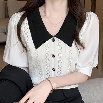 韓国風ファッション フェミニン  配色 カットソー  折り襟 ニット Tシャツ