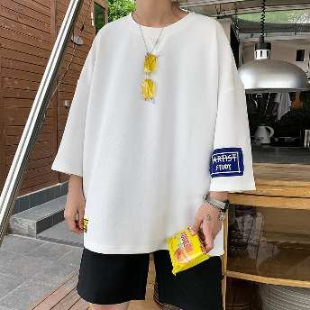 韓国風ファッション 夏新作 トレンド 韓国版 七分袖 白 アルファベット メンズTシャツ