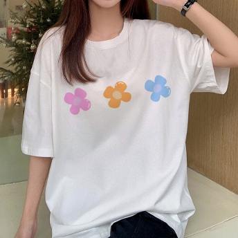 組み合わせ自由 花模様 半袖 プリント アンプルライン カジュアル Tシャツ