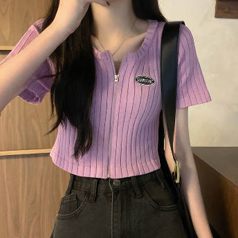 韓国風 ファッション 無地 ジッパー 着痩せ効果 ラウンドネック 半袖 ショート丈 Tシャツ