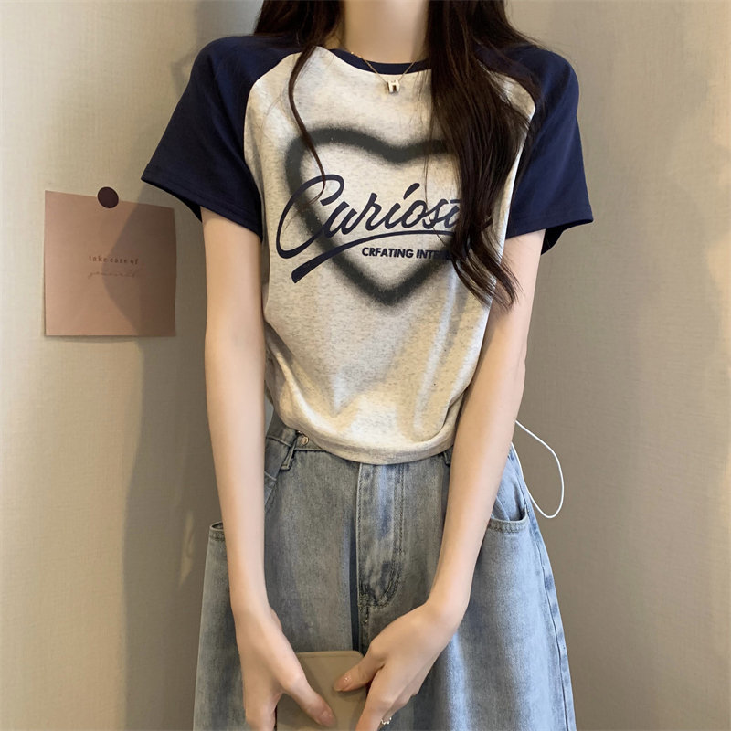 可愛いデザイン 夏 アルファベット 配色 ラウンドネック カジュアル Tシャツ