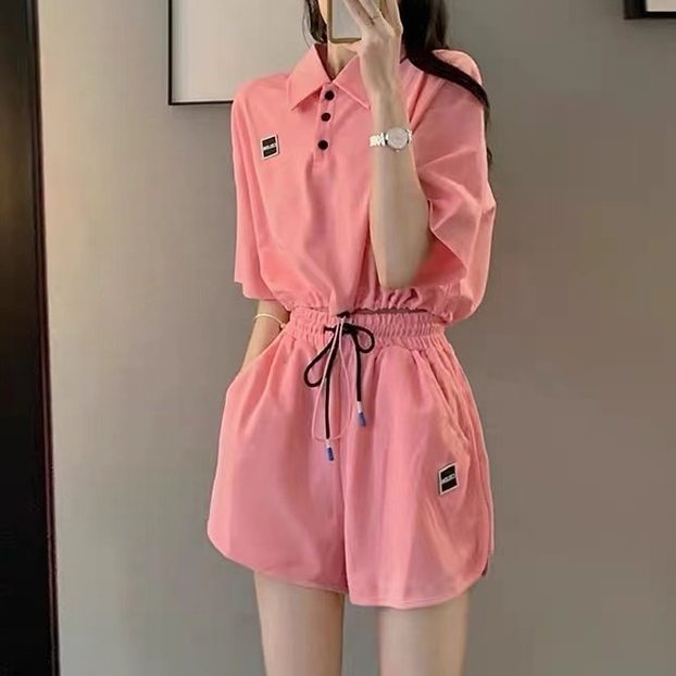 韓国風ファッション カジュアル POLOネック 半袖 Tシャツ+ボウタイ ショートパンツ 2点セット