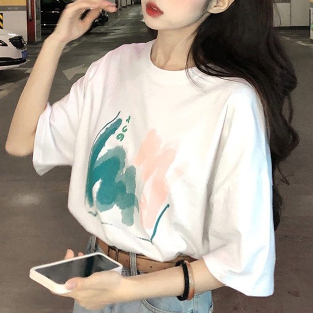 オーバーサイズ感 トップス 韓国系 キュート アルファベット プリント 半袖 Tシャツ