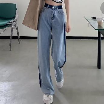 個性的なデザイン  韓国風ファッション カジュアル 配色 ロング丈 ハイウエストジーンズ